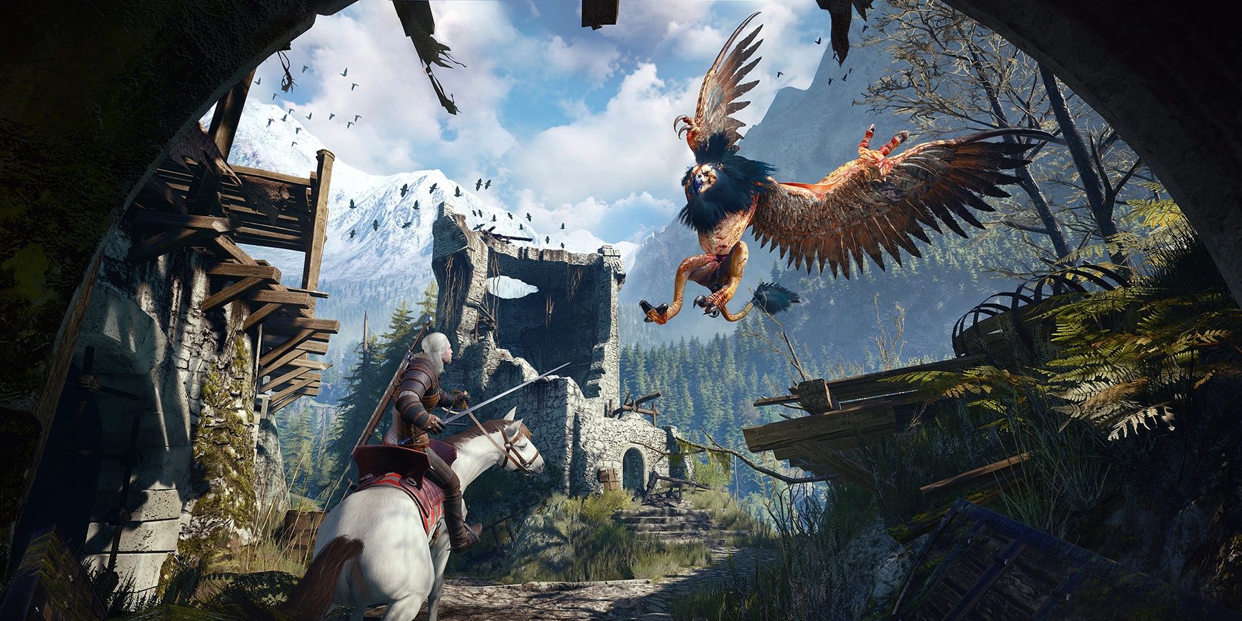 Geralt fights a monster on horseback in The Witcher 3