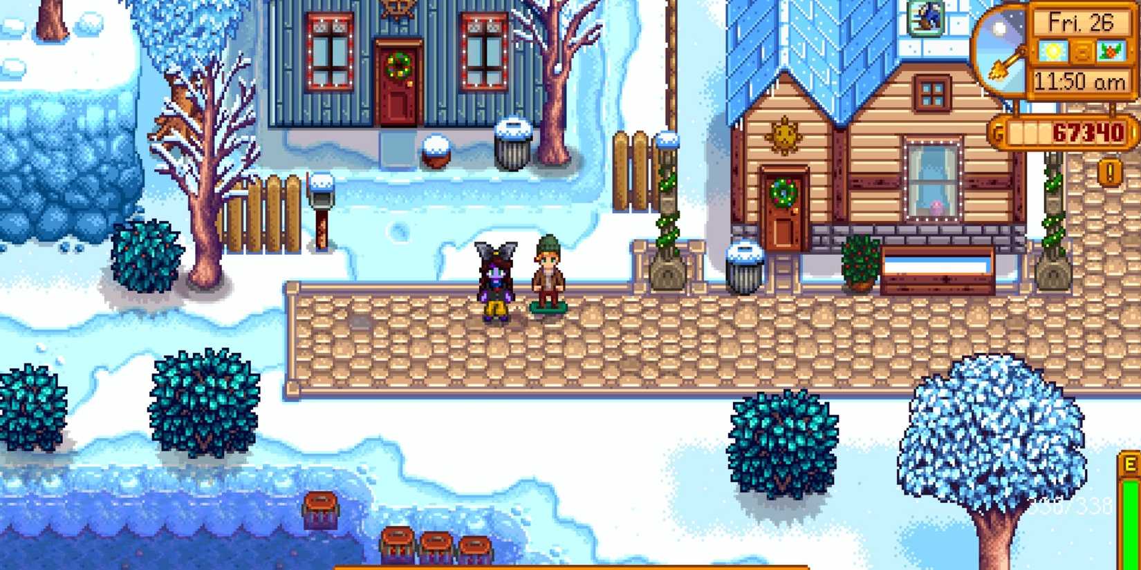 Watching Sam do a kickflip on his skateboard in the winter season of Stardew Valley.