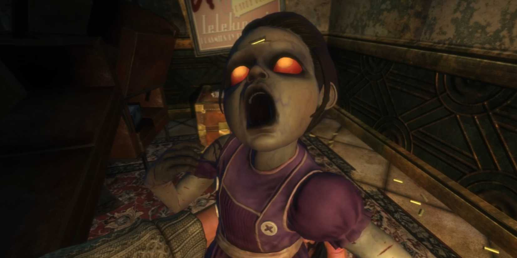 Image of the main character in BioShock holding a Little Sister