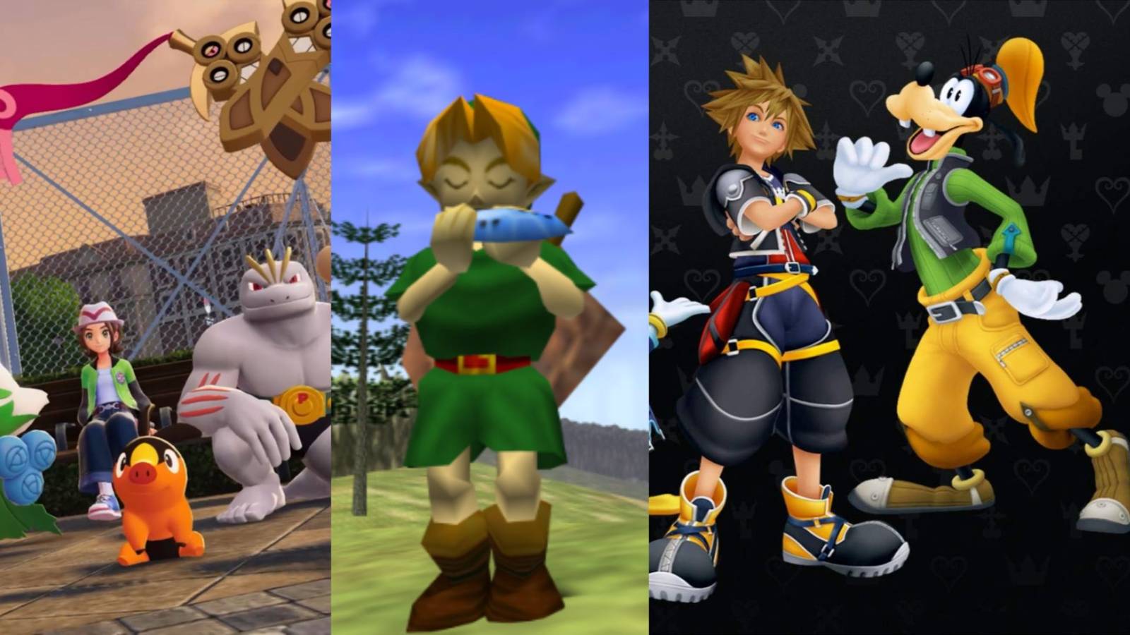 On the left is a screenshot from Pokemon ZA showing a Pokemon trainer sitting on a bench alongside Roserade, Tepig, Machoke, Doublade and Watchog. In the centre is an image of Link from Ocarina of Time playing the ocarina. On the left is an image of Sora and Goofy from Kingdom Hearts.