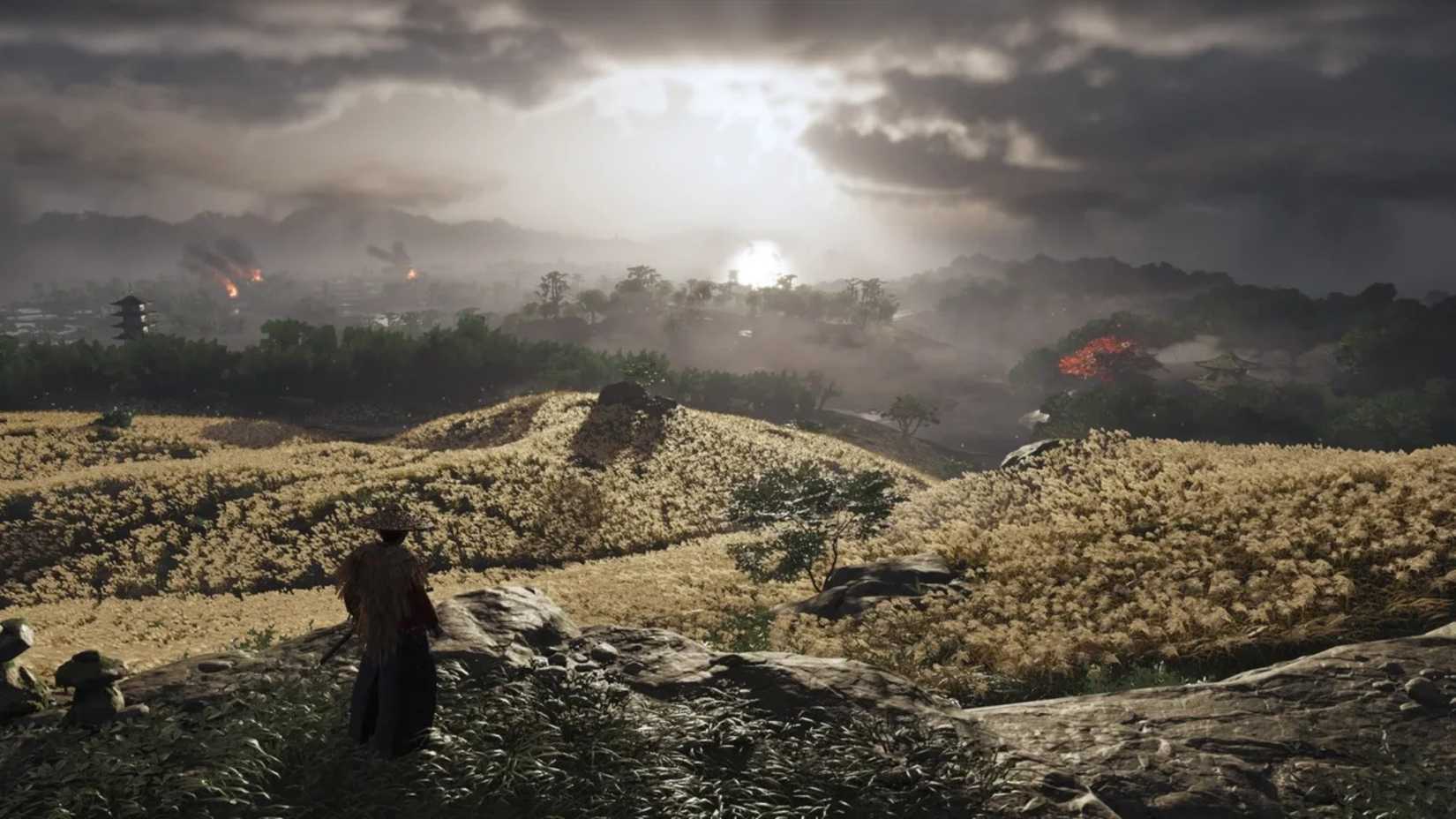 Ghost Of Tsushima Jin overlooking the field