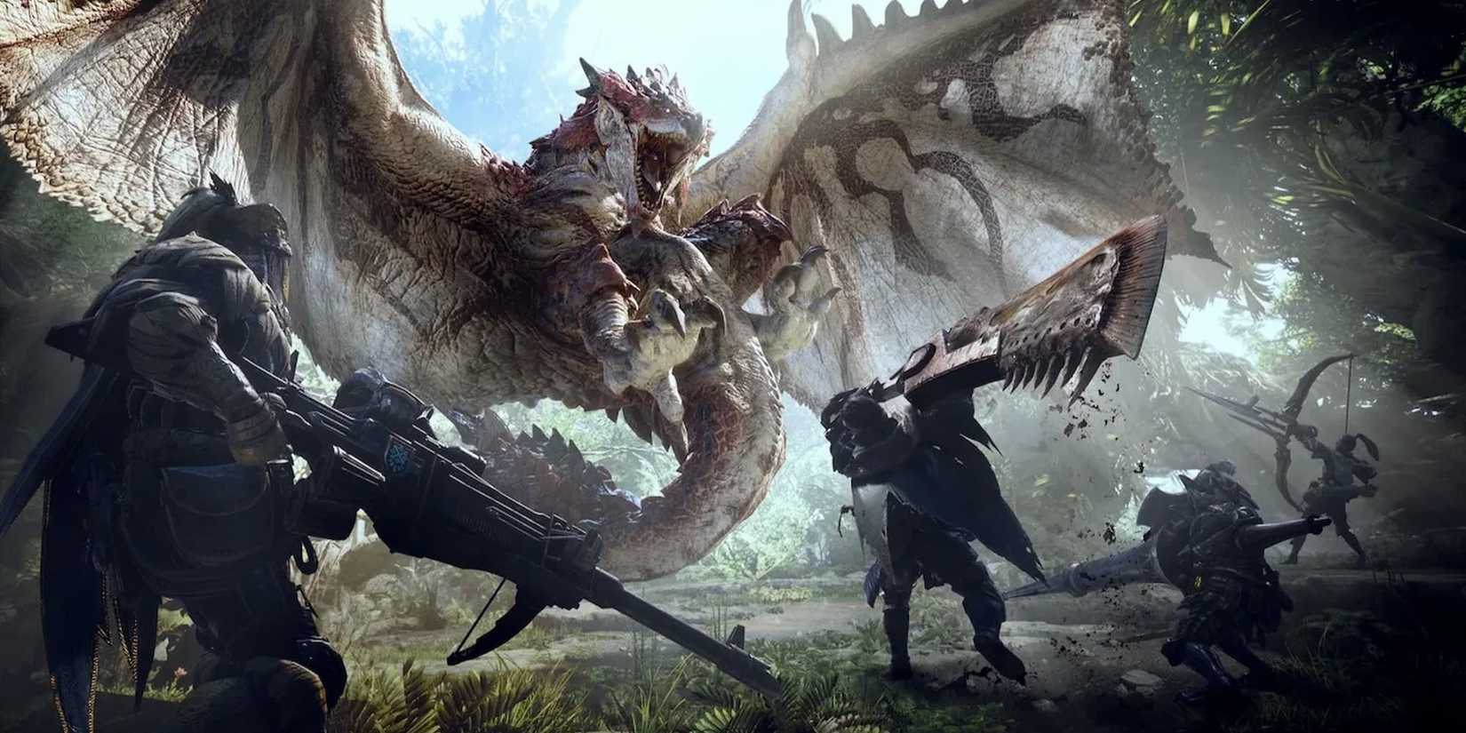 A group attacking giant dragon creatures in the Monster Hunter world