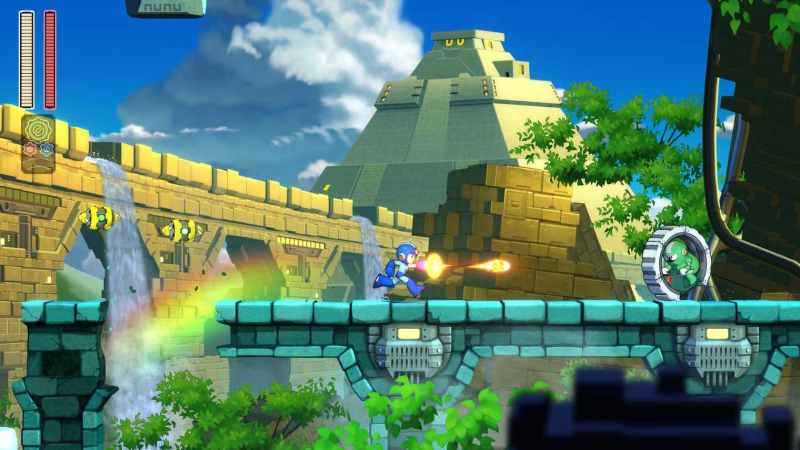 Mega Man 11 Mega Man Blasts Enemy On Platform