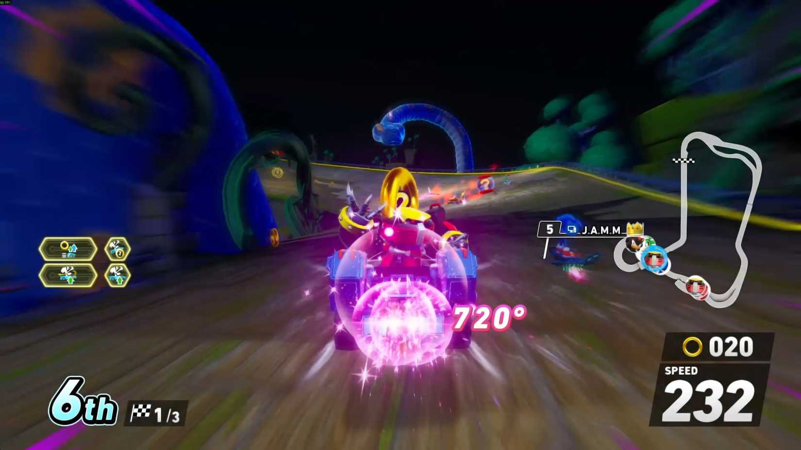 Omega aumentando a través de la jungla mística en Sonic Racing Crossworlds.