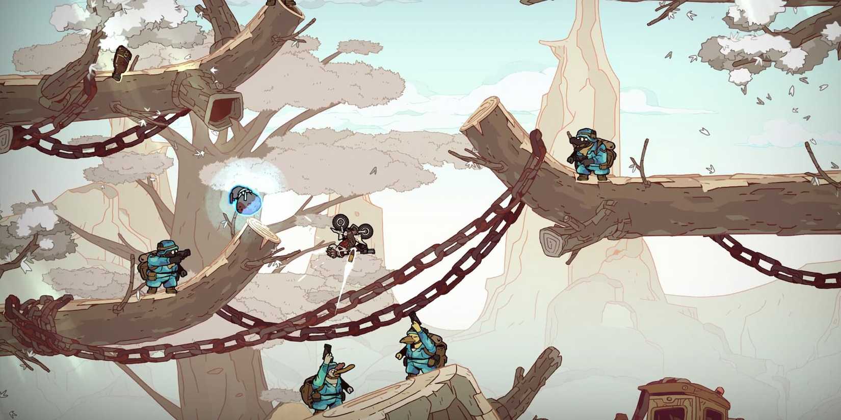 Ride upside down on a motorcycle and shoot enemies with a blood-aged Leica