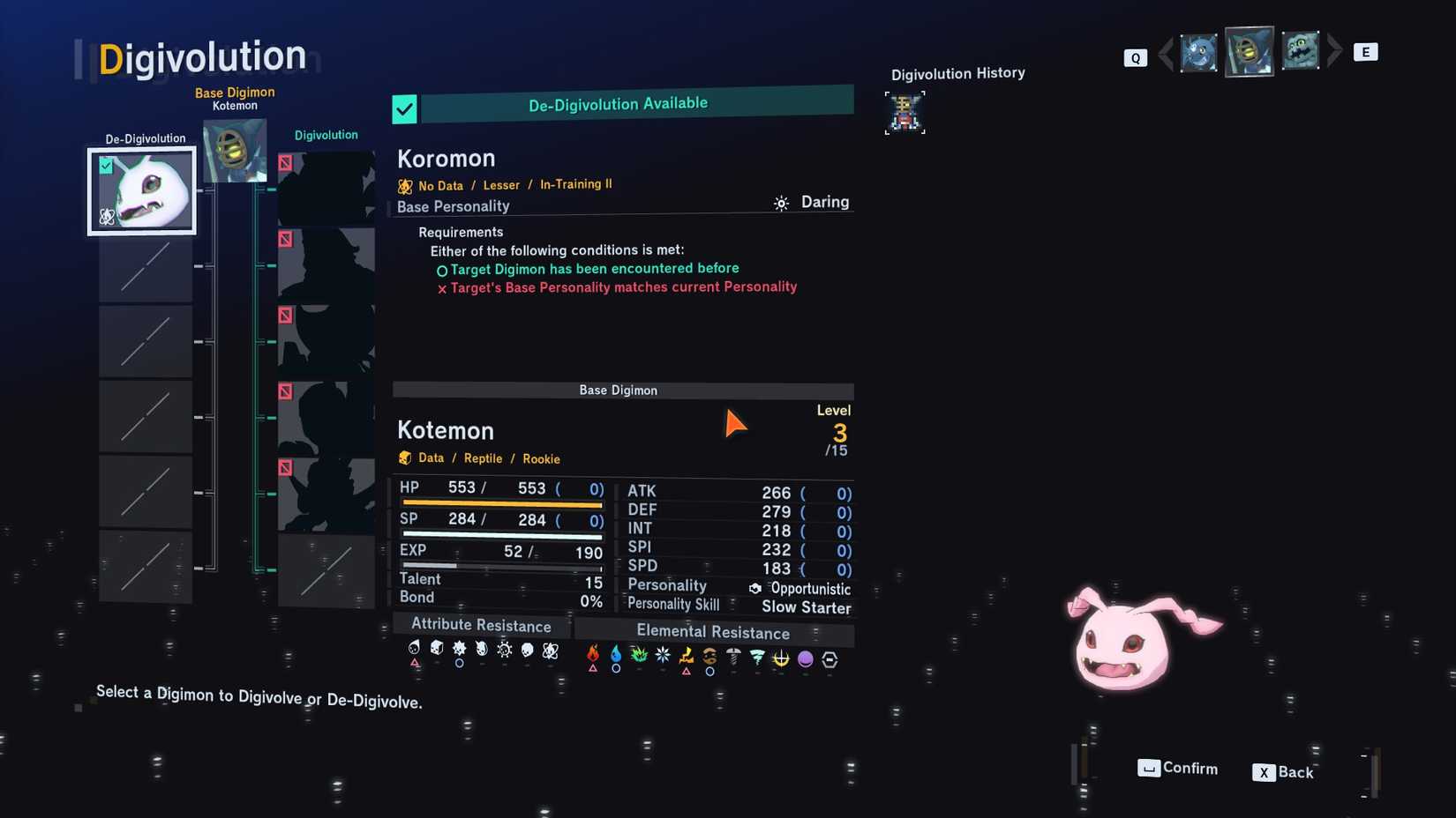 Desengivado de Kotemon en Koromon en Digimon Story Time Stranger