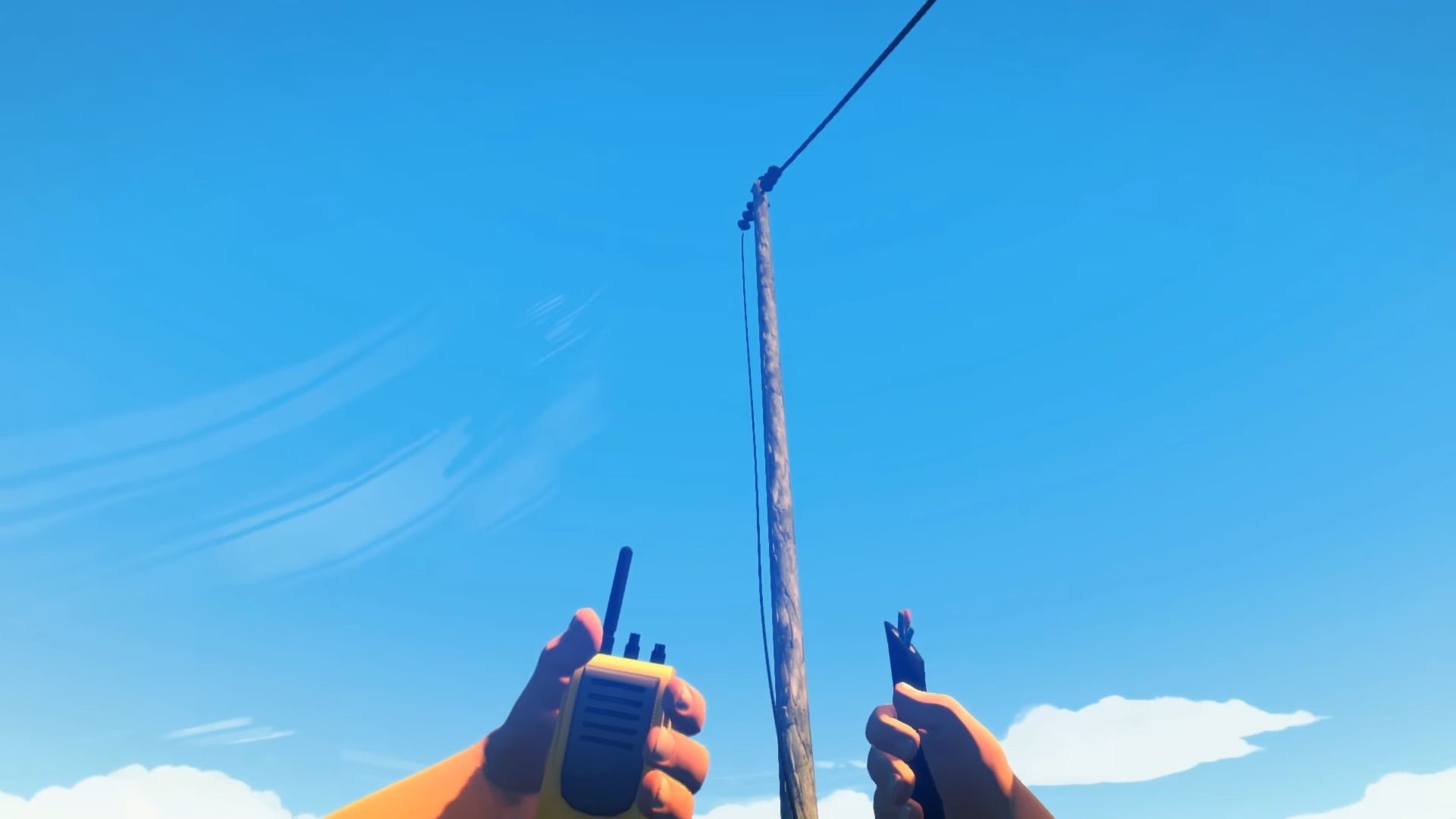 Henry patrzy na zerwany kabel w Firewatch
