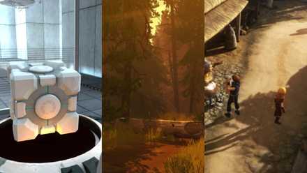 collage of 3 games; portal, firewatch and brothers