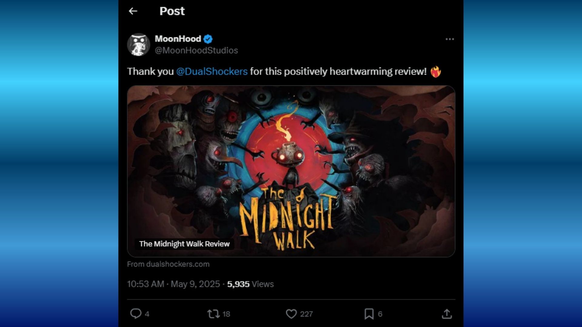 MoonHood Studios Highlights DualShockers’ Midnight Walk Review in X Post