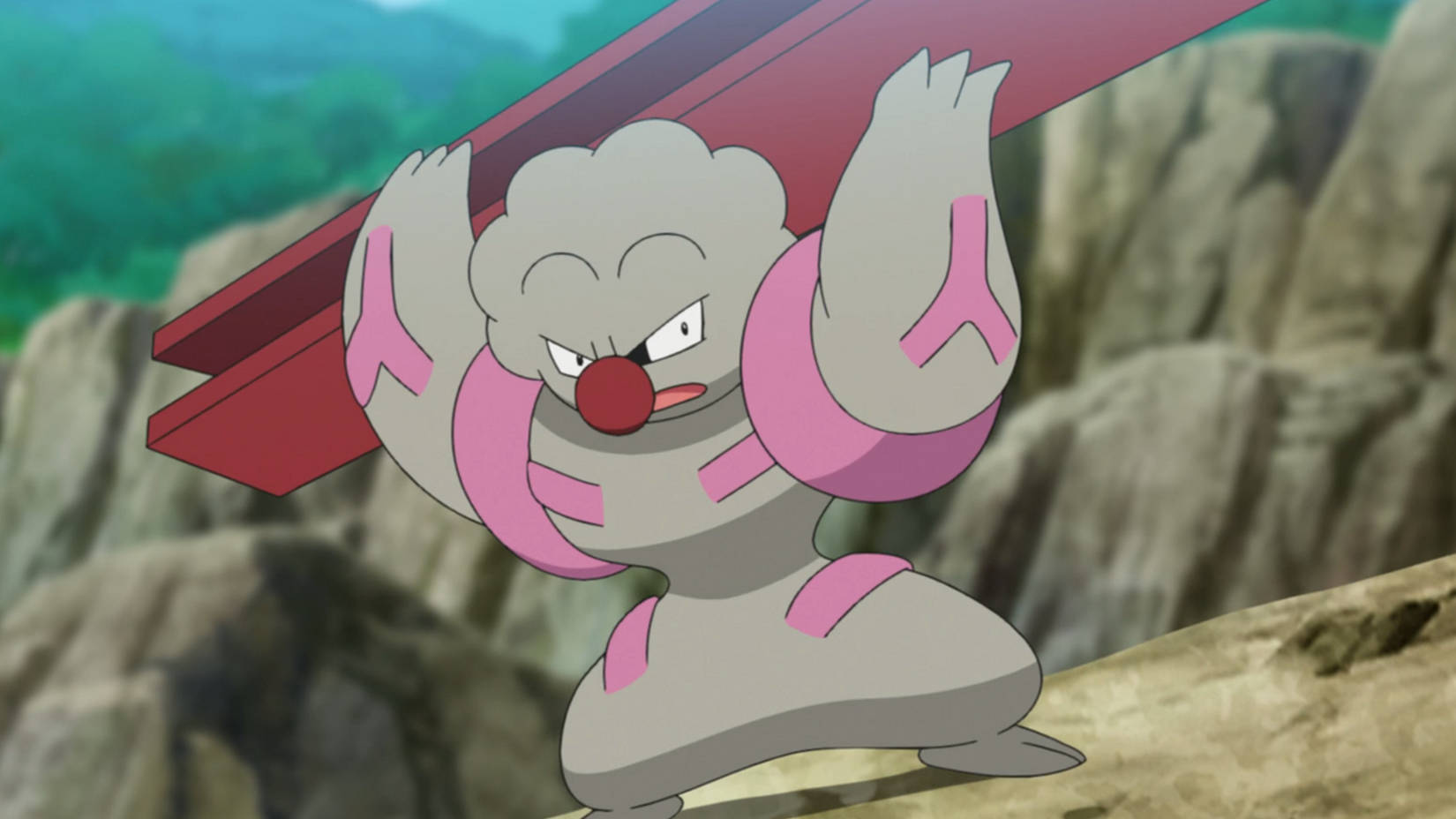 A Gurdurr in a rock quarry in the Pokemon anime