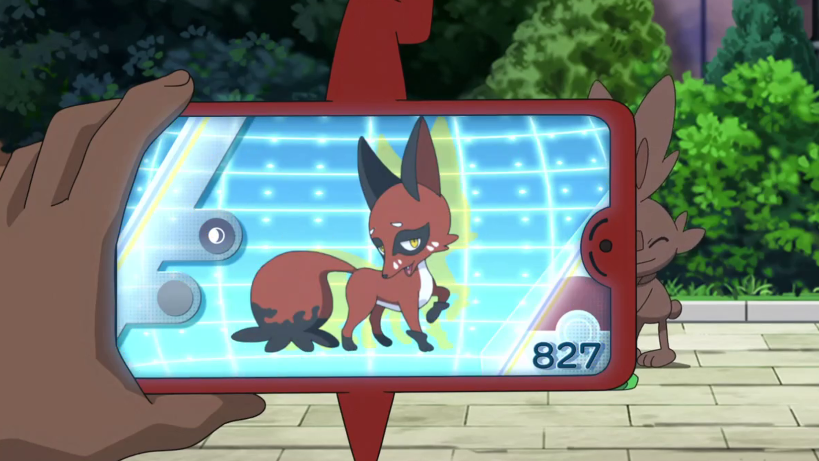 Goh scans a Nickit with his Rotom Phone in the Pokemon anime