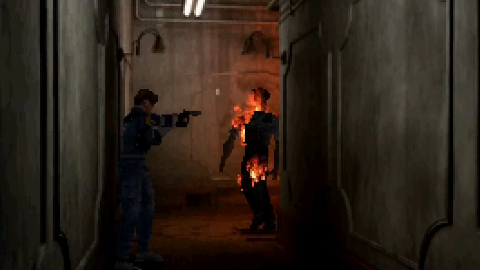 Leon shoots a burning zombie in Resident Evil 2