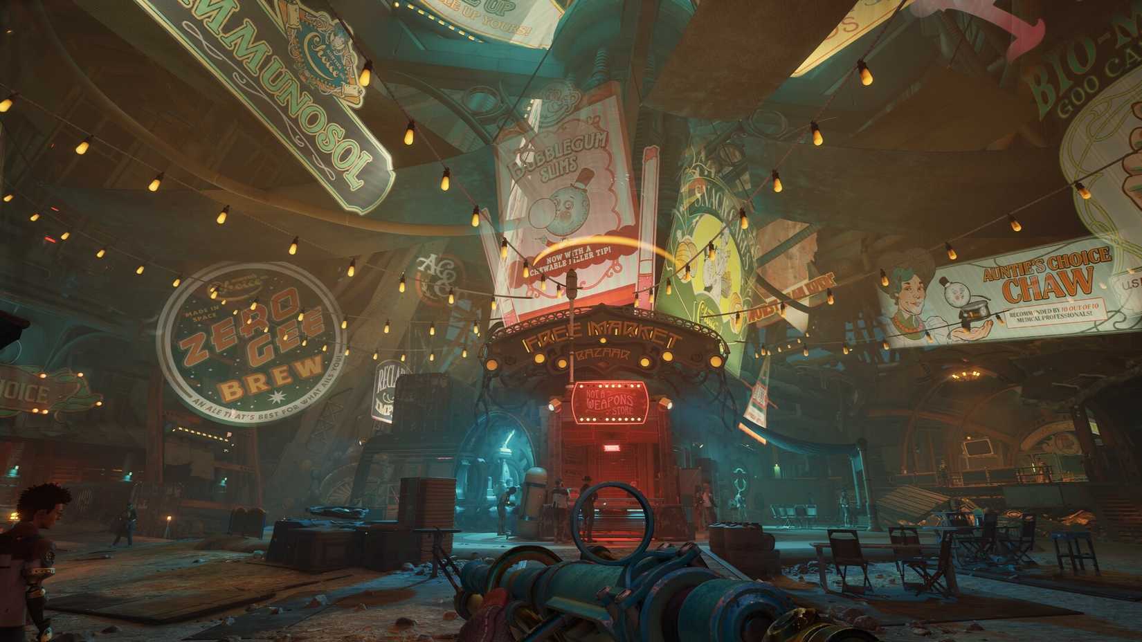 Ads for Auntie's Choice products in Free Market Station in Outer Worlds 2