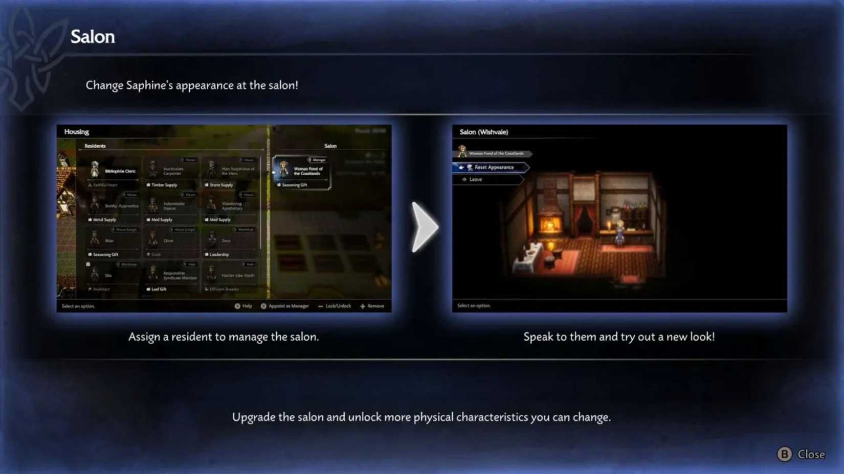 Octopath Traveler 0 Cambiar apariencia Menú del salón