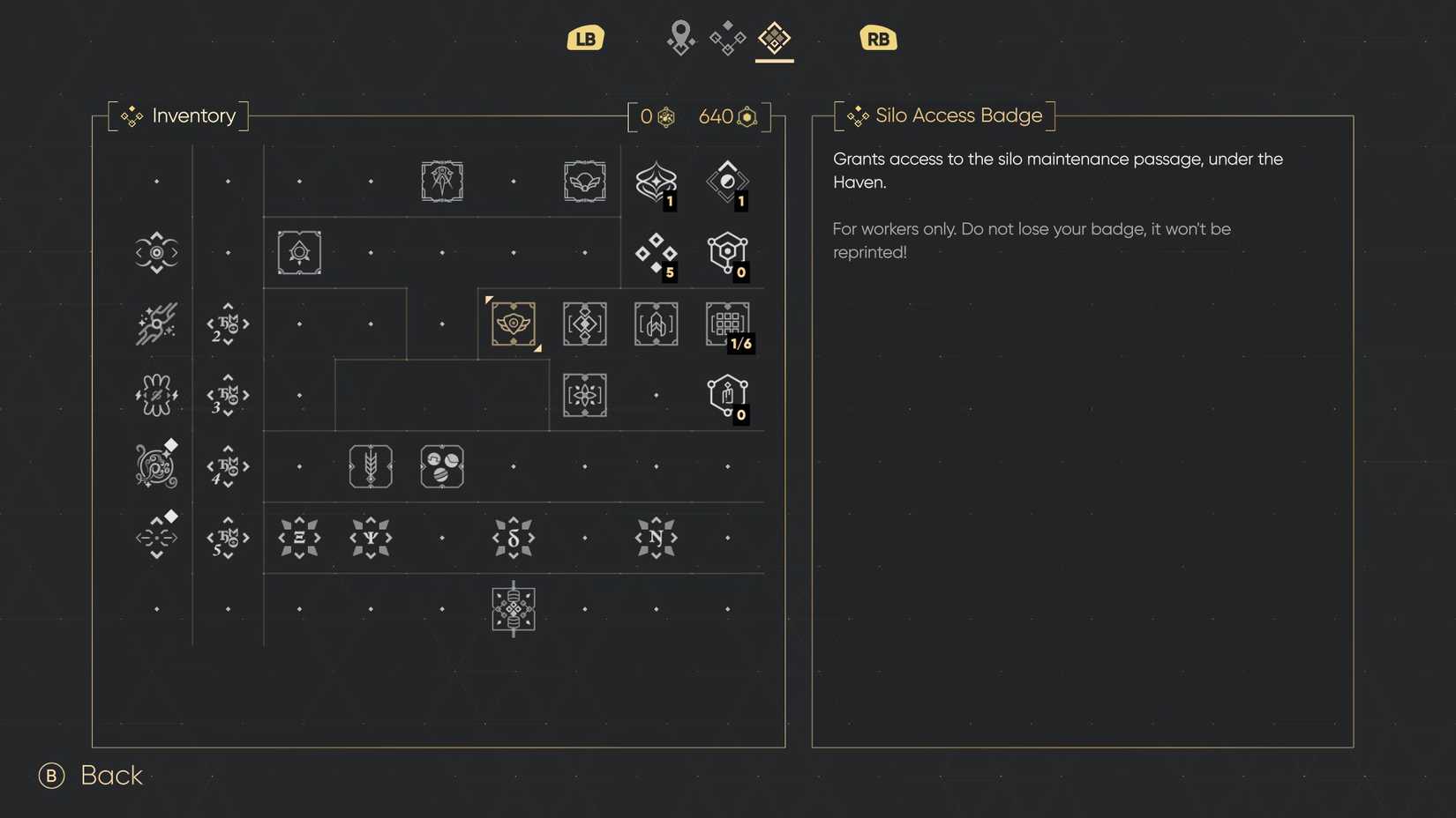 silo access badge item screen