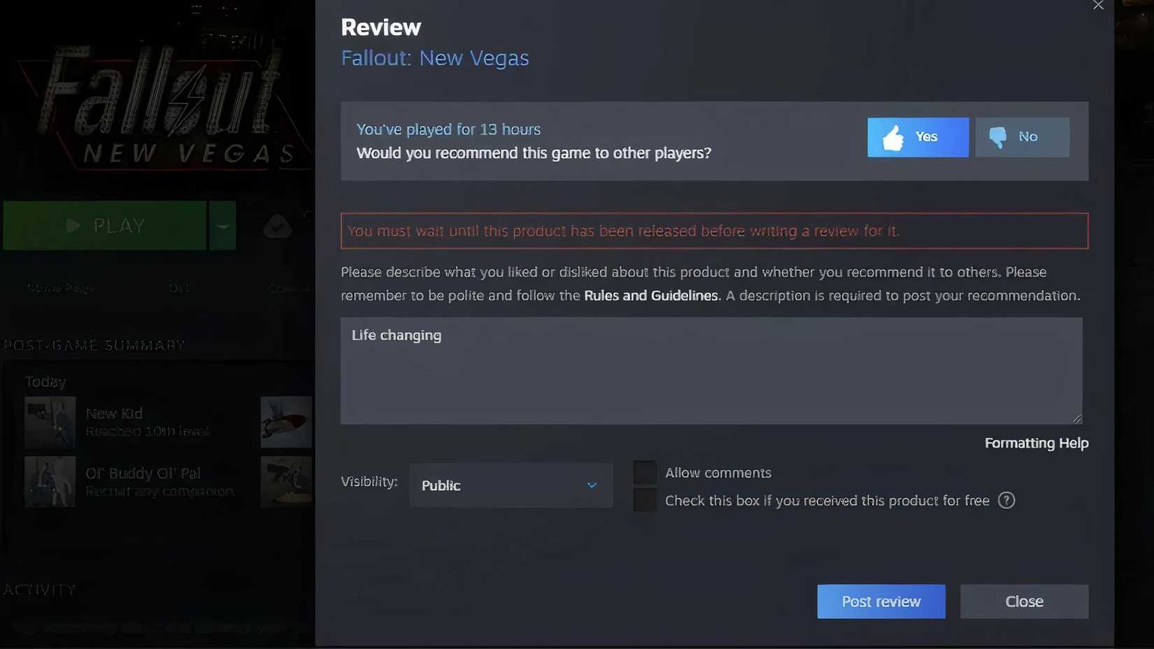 Fallout New Vegas Steam Review Issue