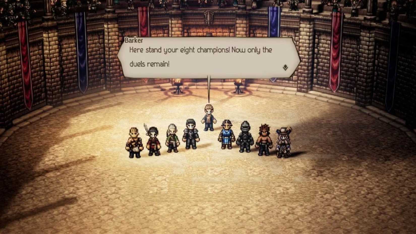 Olberic prepares for a tournament in Victors Hollow during Chapter Two of Octopath Traveler