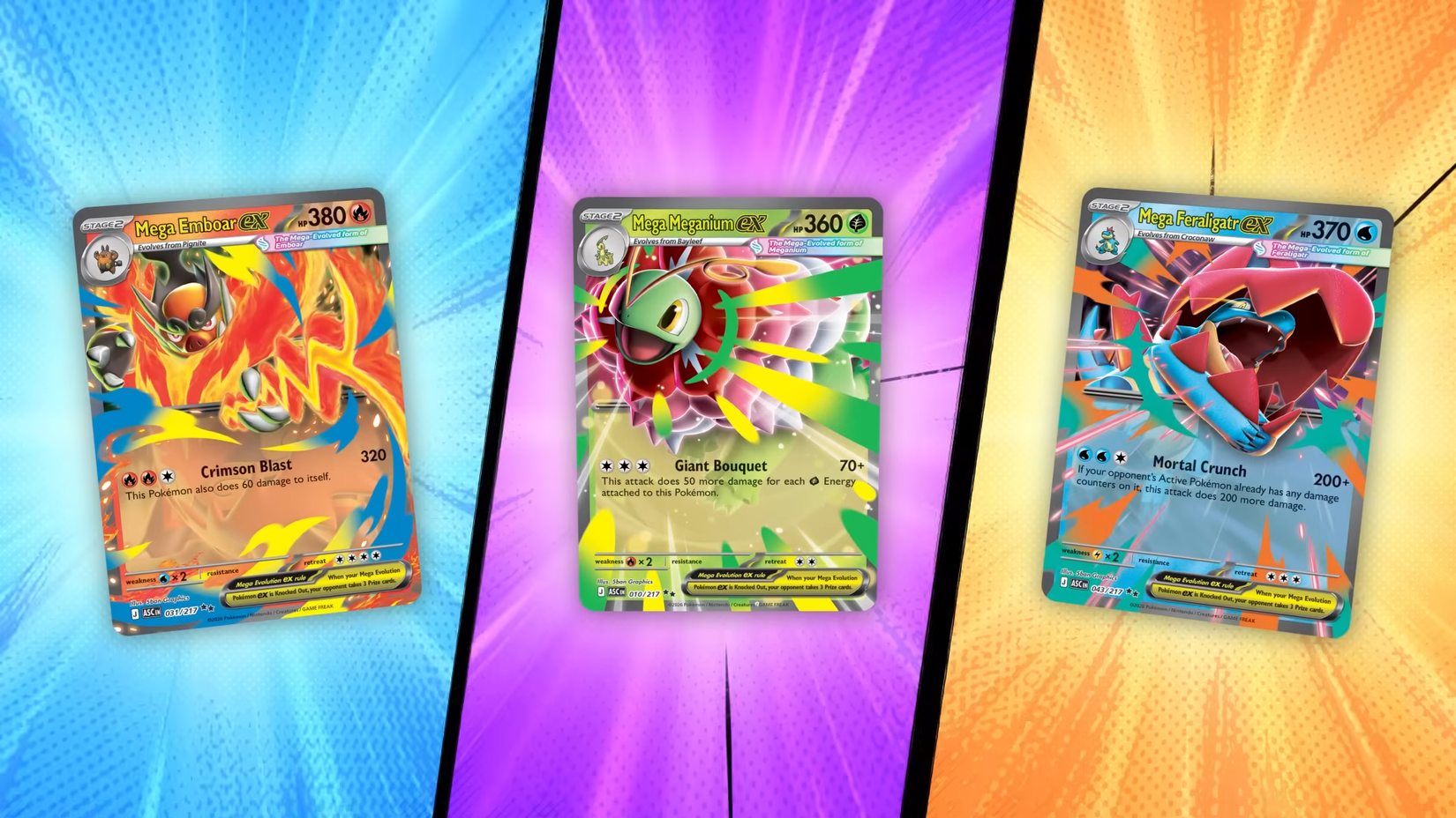 Pokémon TCG_ Mega Evolution—Ascended Heroes _ emboar, meganium, and feraligatr ex.