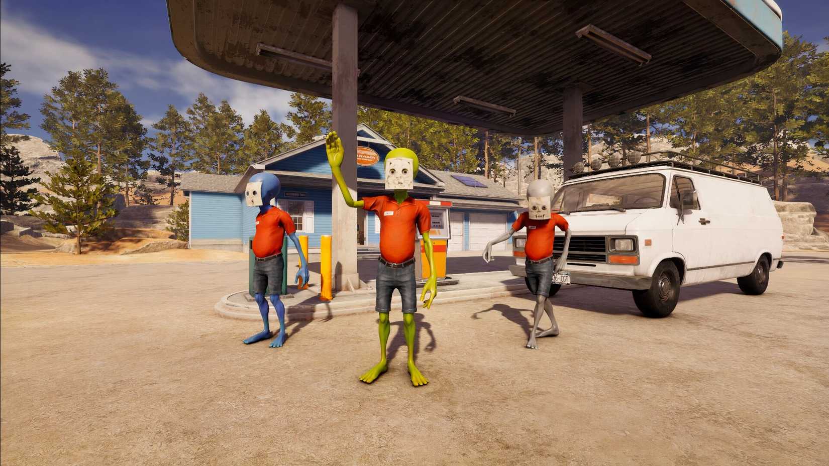 Roadside Research aliens in front of gas pump.