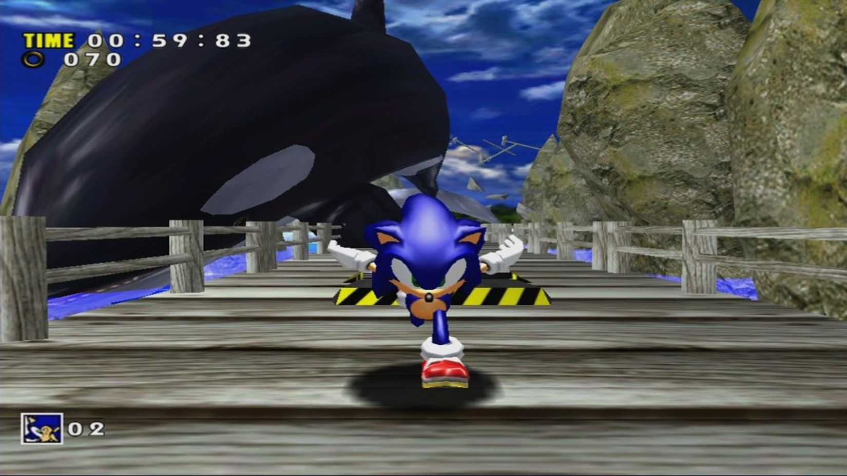 sonic running along a dock