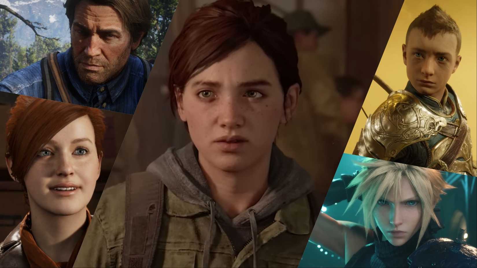 A montage of AAA game characters including Red Dead Redemption 2's Arthur Morgan, Marvel Spider-Man's Mary Jane, The Last of Us Part 2's Ellie, God of War Ragnarök's Atreus, and Final Fantasy 7 Remake's Cloud Strife.