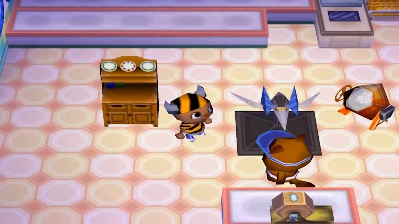 An Arwing model on display in Tom Nook's shop in Animal Crossing, as part of the game's lottery prizes.