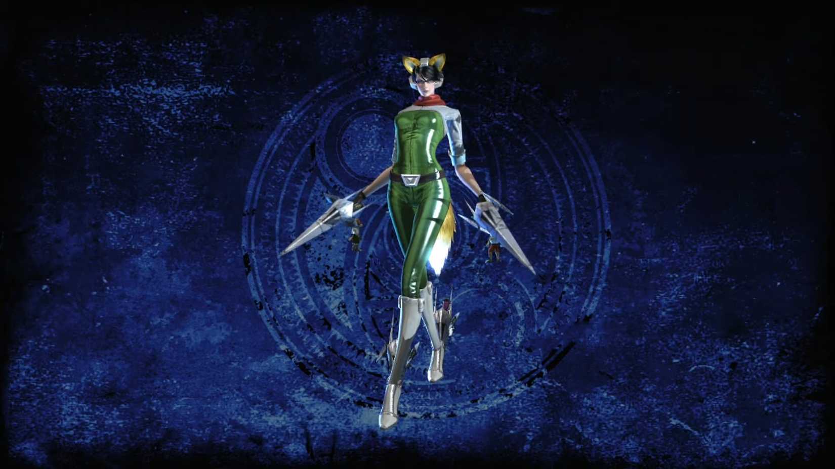 Bayonetta wearing her Star Mercenary Costume and wielding Arwing guns.