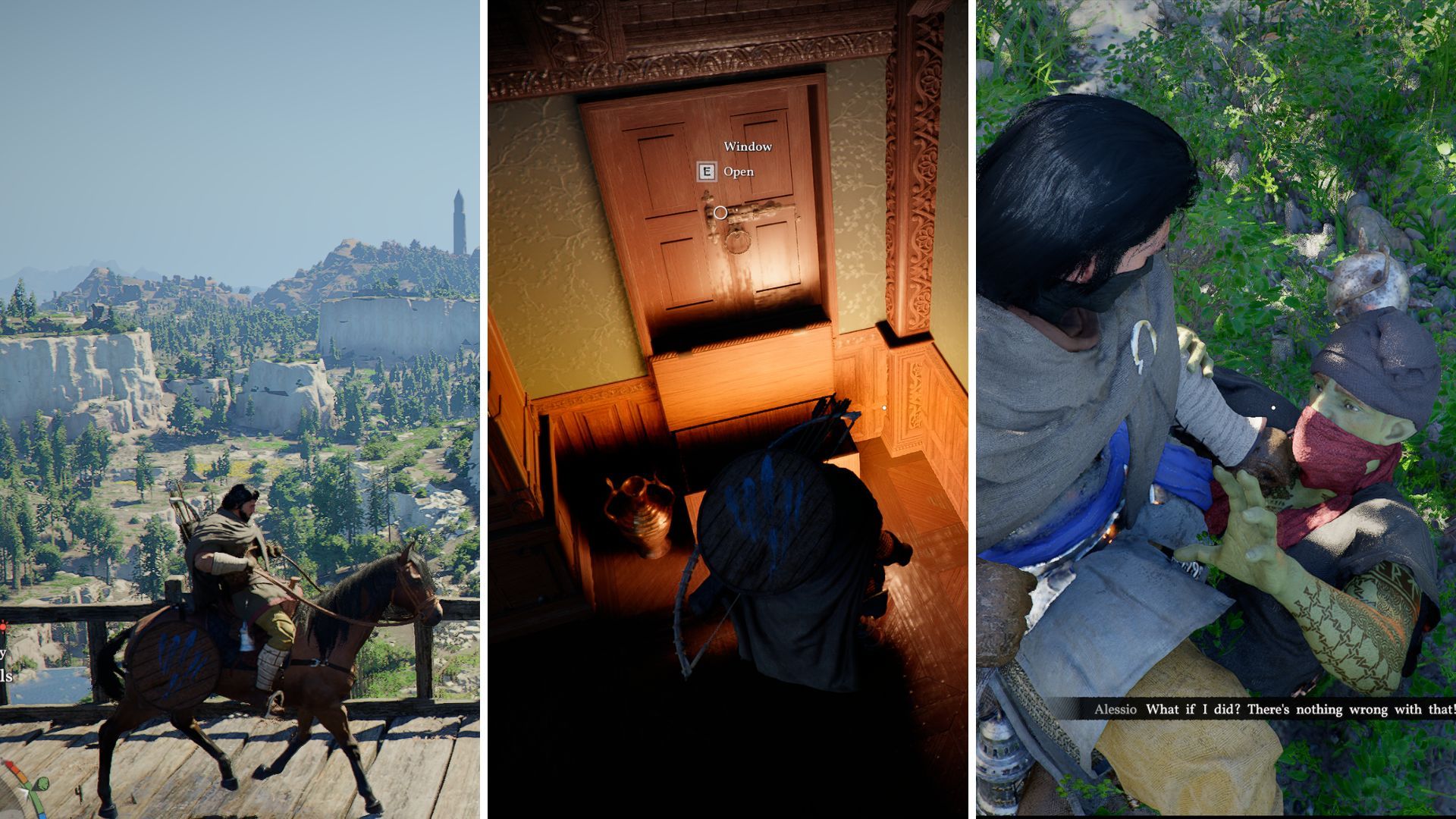 Crimson Desert Money Guide Player Riding Horse on Bridge, Player in House, and Bounty Notice