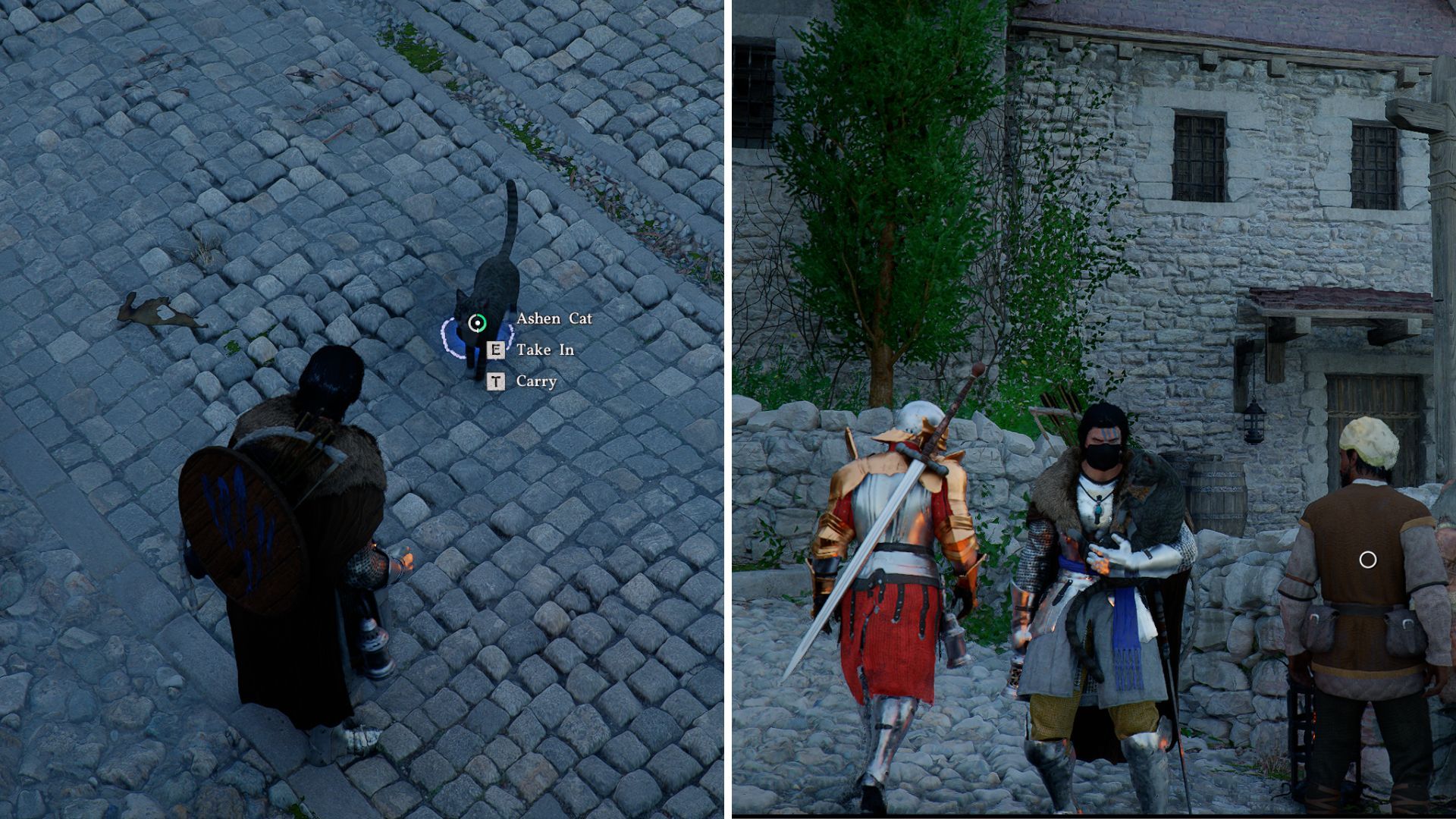 Crimson Desert Player Stands next to the cat and holds the cat