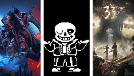 A three split image showing Mass Effect, Sans from Undertale, and Clair Obscur: Expedition 33
