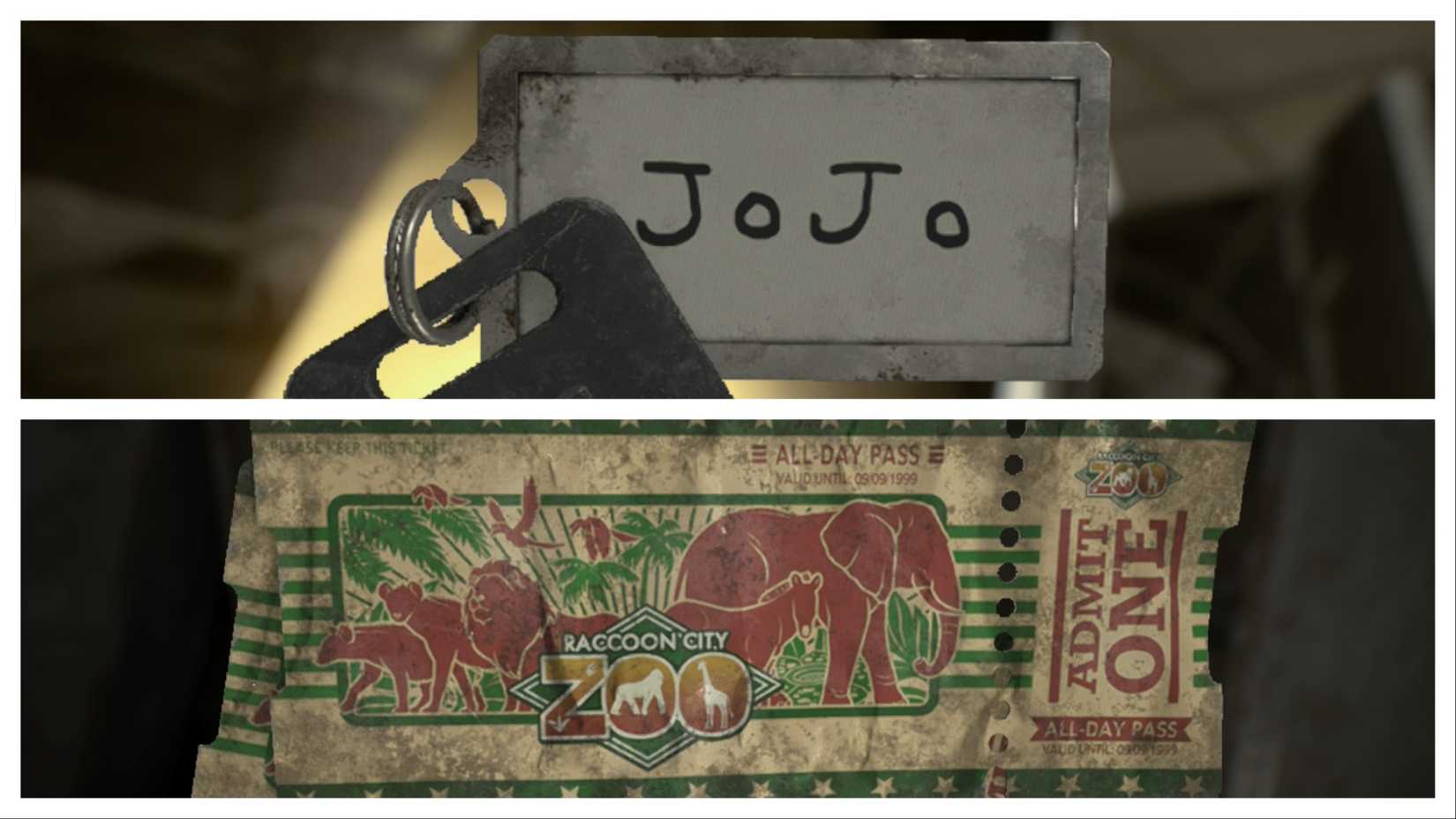 A collage featuring the JoJo locker key and a pair of Raccoon City Zoo tickets.