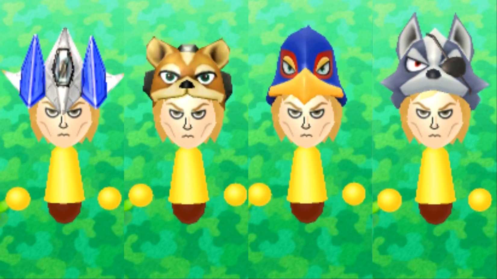 A collage of Miis wearing the four Star Fox hats available in StreetPass Mii Plaza (based on an Arwing, Fox, Falco, and Wolf).