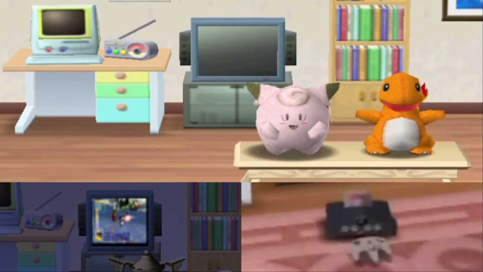 A collage of Pokémon Stadium 2's "My Room," including Star Fox 64 on a television screen and a Nintendo 64 console lying on the floor.