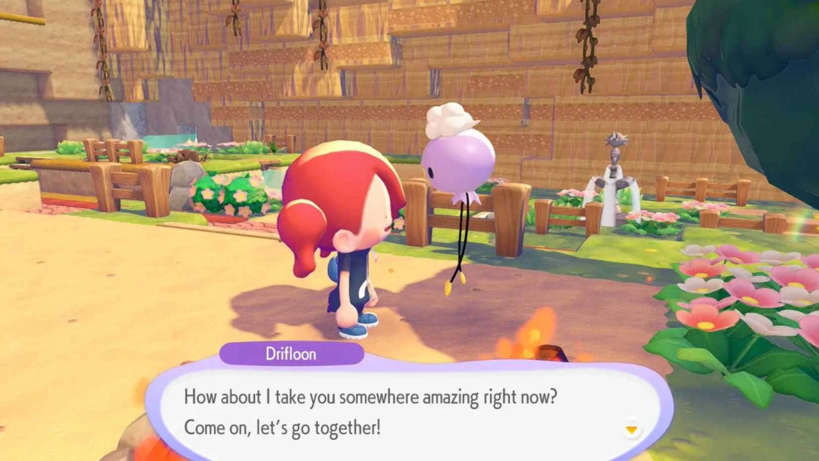 Pokemon Pokopia Player Talking to Drifloon