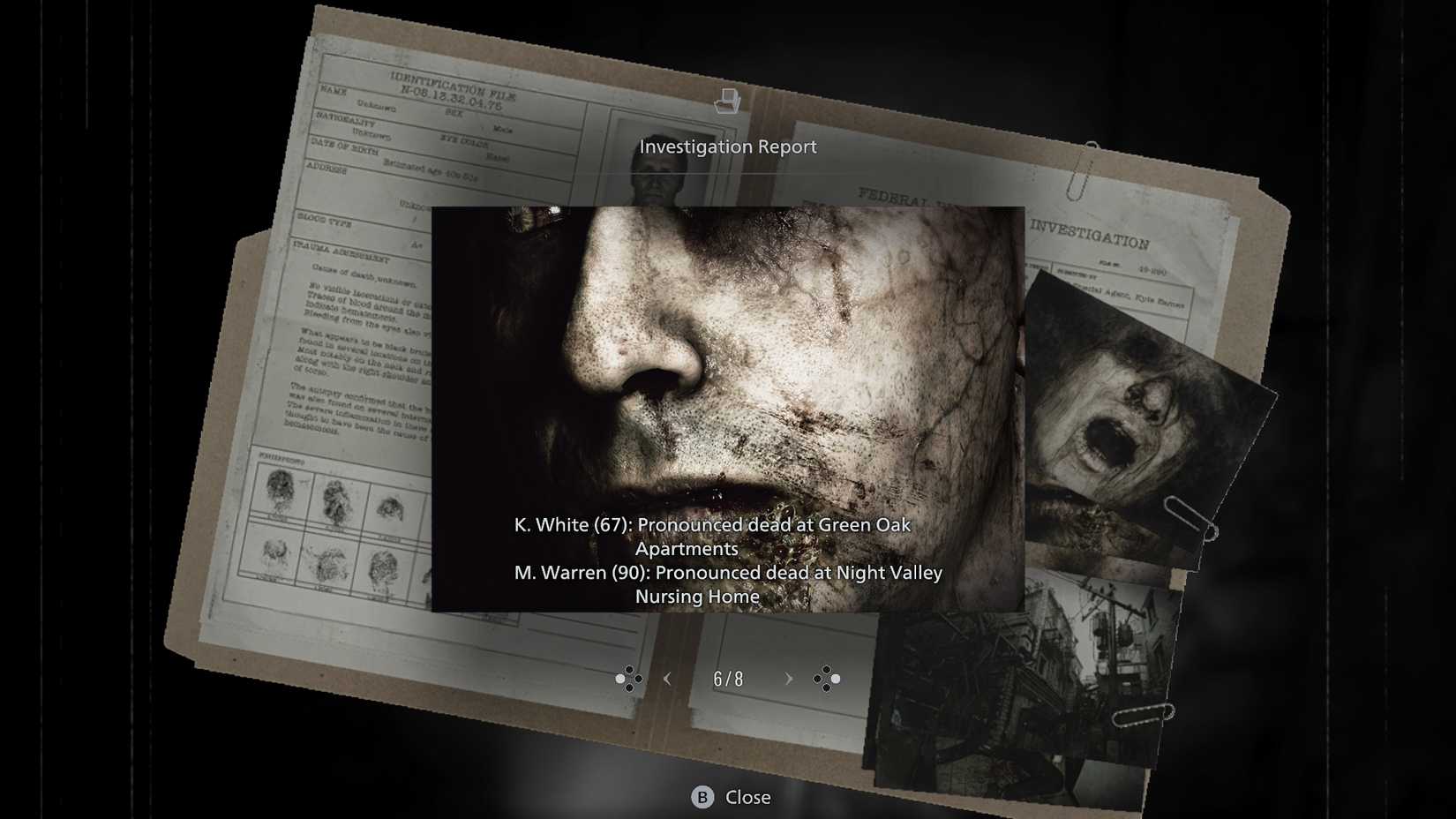 The Investigation Report from Resident Evil Requiem, noting the death of M. Warren.