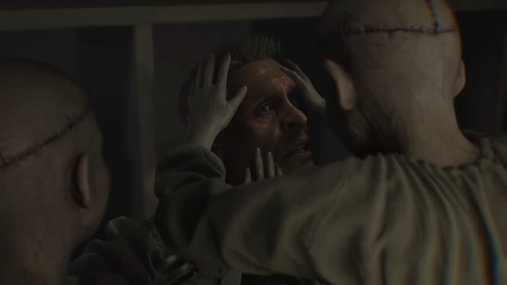 A Raccoon City Orphanage researcher surrounded by Series 60 children, with their hands on his face.