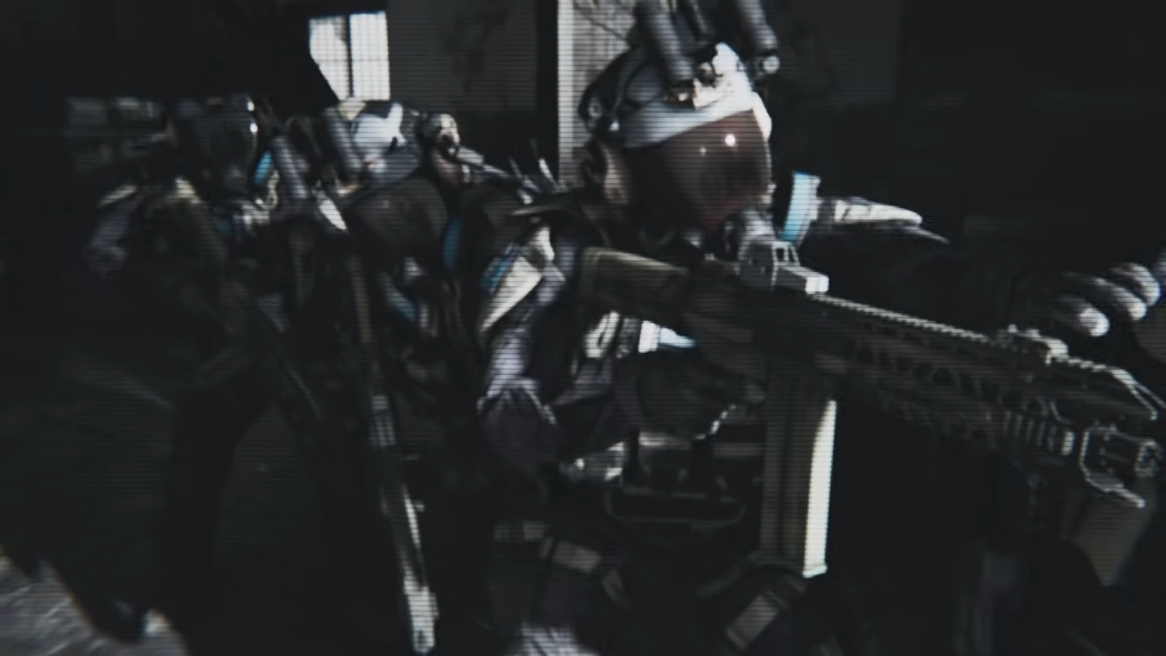 Armed BSAA soldiers preparing to step out into a Raccoon City street.