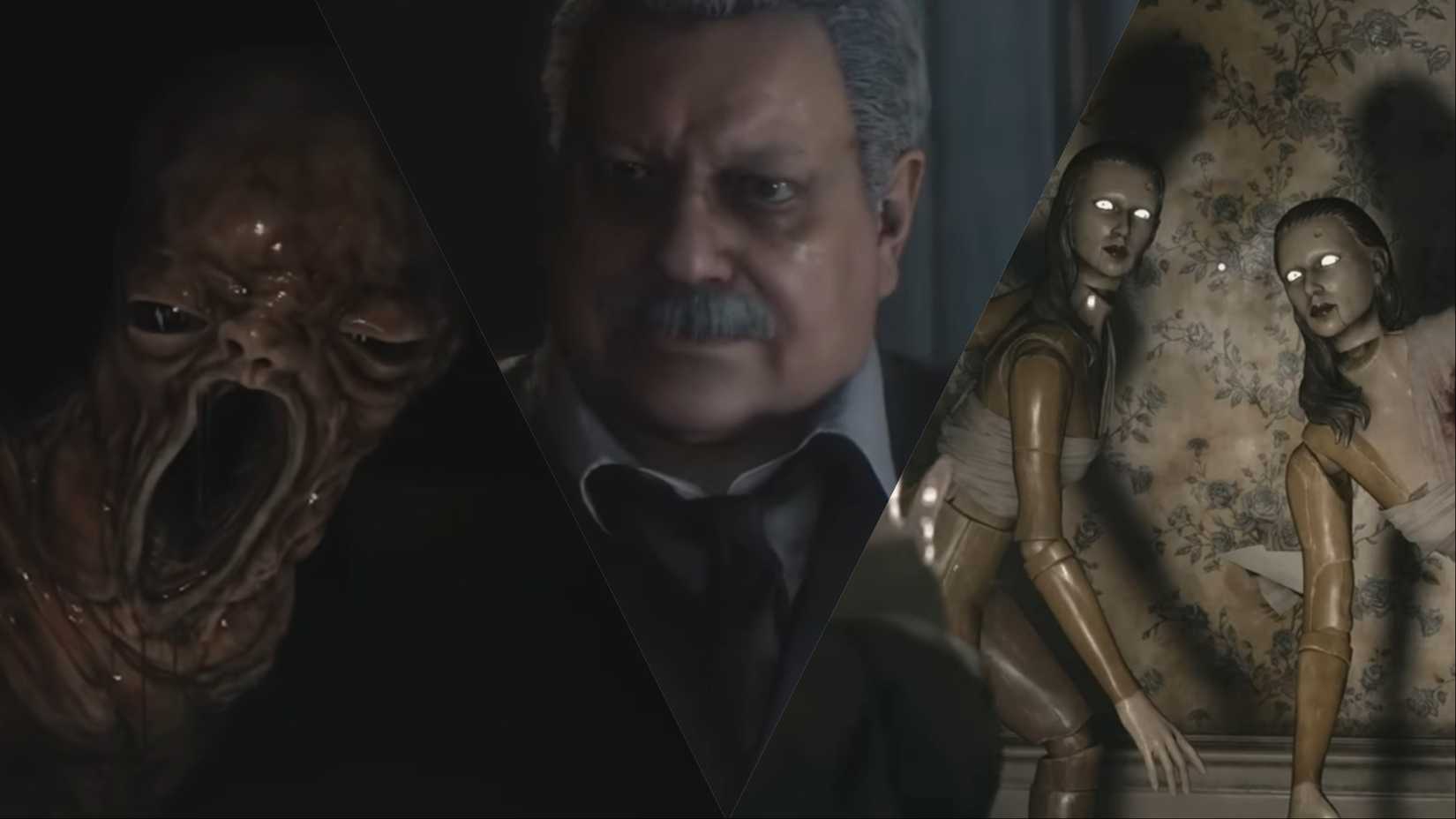 A montage of Resident Evil Village's Baby monster, Resident Evil 2 remake's Chief Irons, and Shadows of Rose's Mia Dolls.