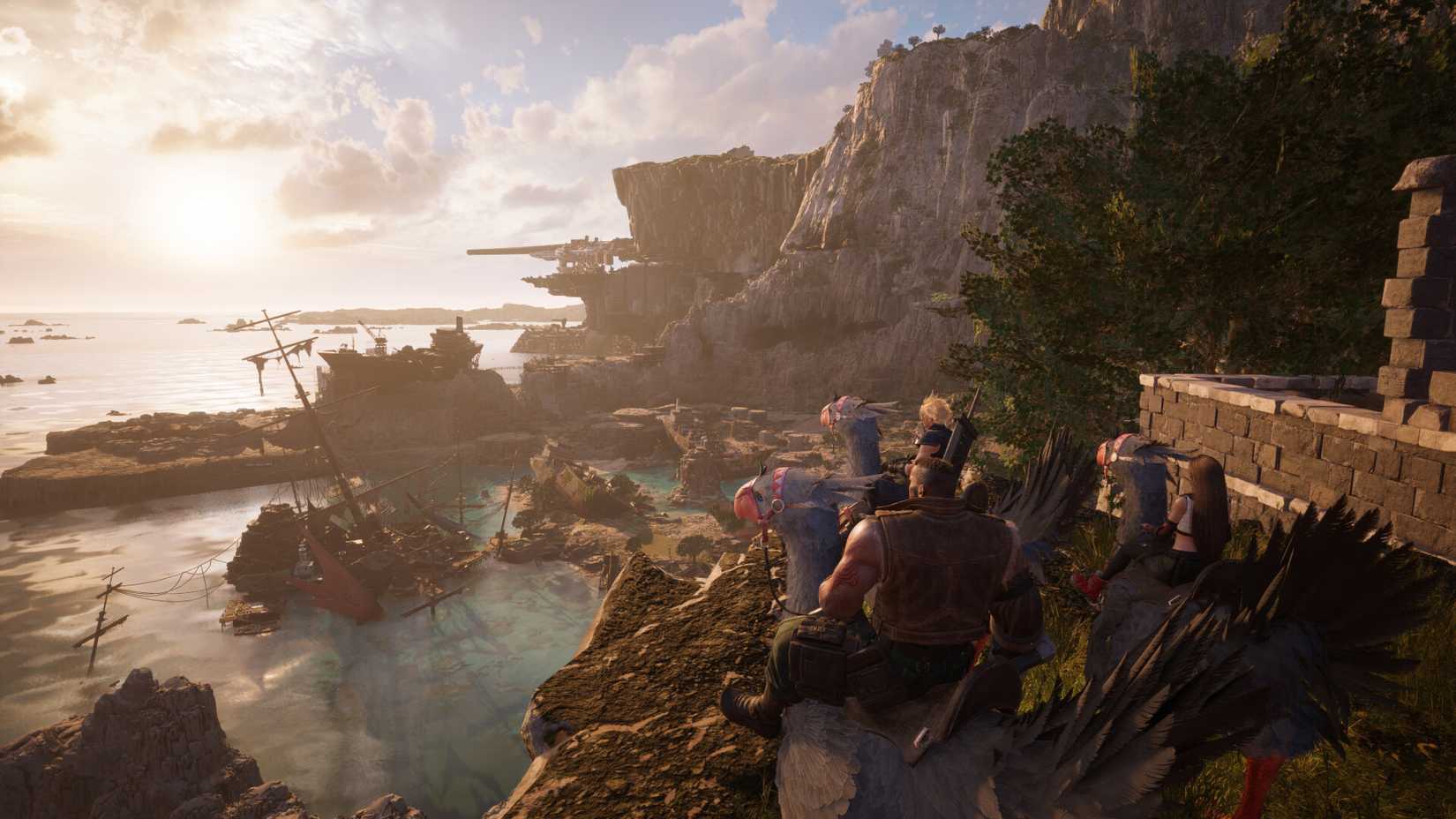 cloud, barrett and tifa on chocobos