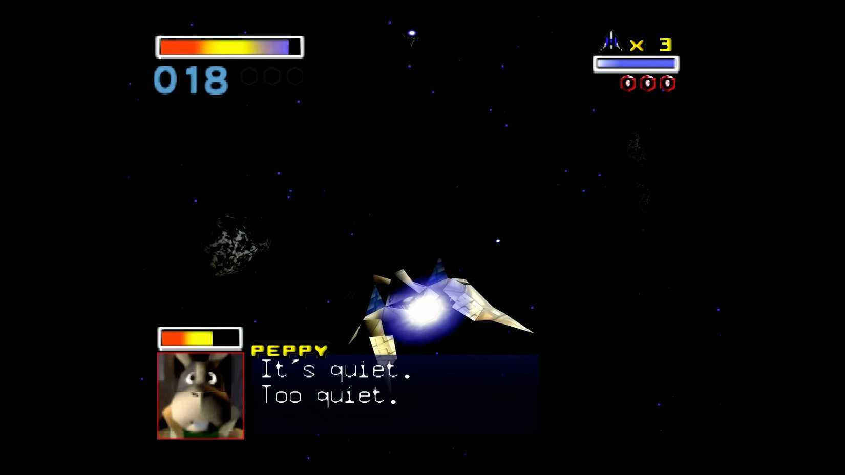 A screenshot from Star Fox 64, depicting Peppy saying, "It's quiet. Too quiet."
