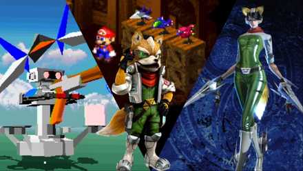 A collage of Star Fox cameos in Nintendo games, including WarioWare: Smooth Moves, Super Mario RPG, and Bayonetta 2.