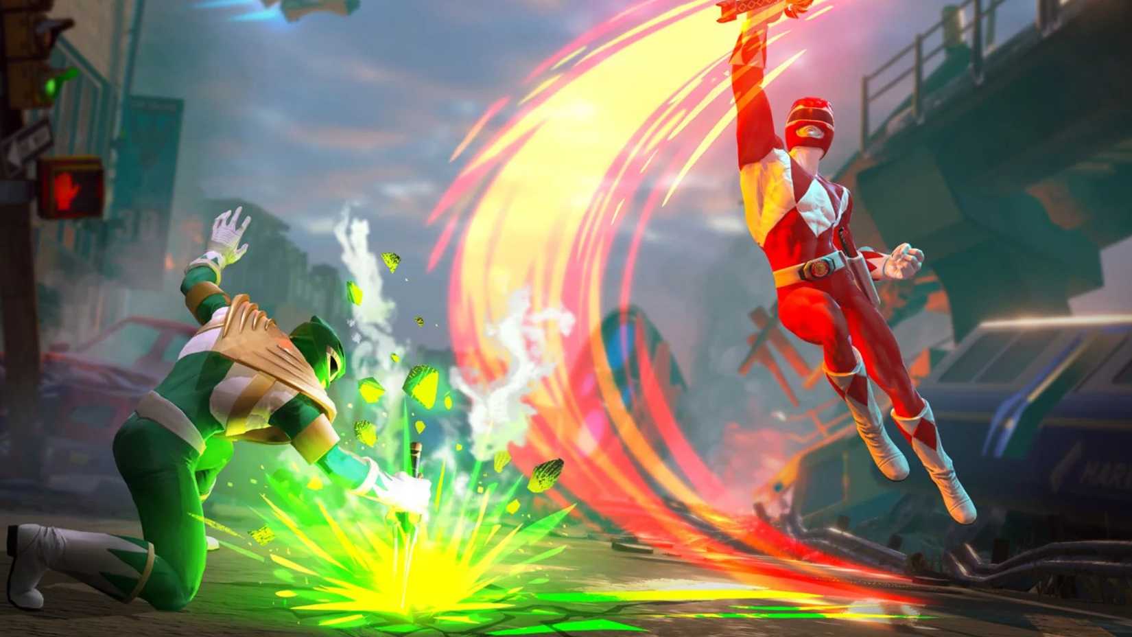 red ranger and green ranger fighting power rangers battle for the grid screenshot