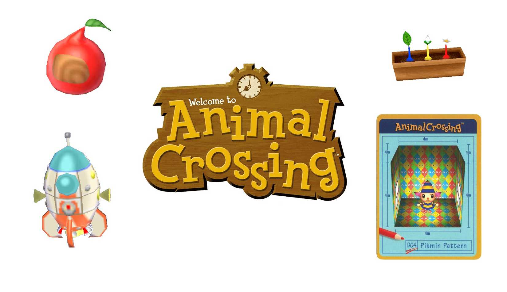 A collage featuring the Animal Crossing Logo and various Pikmin items featured in the series. 