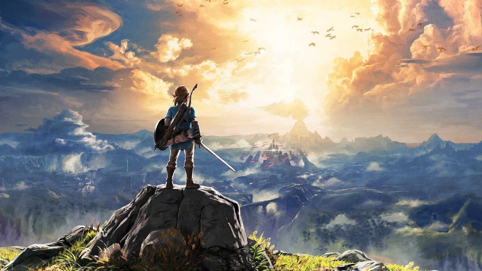 Official Breath of the Wild artwork, featuring Link gazing at Hyrule from a mountaintop.