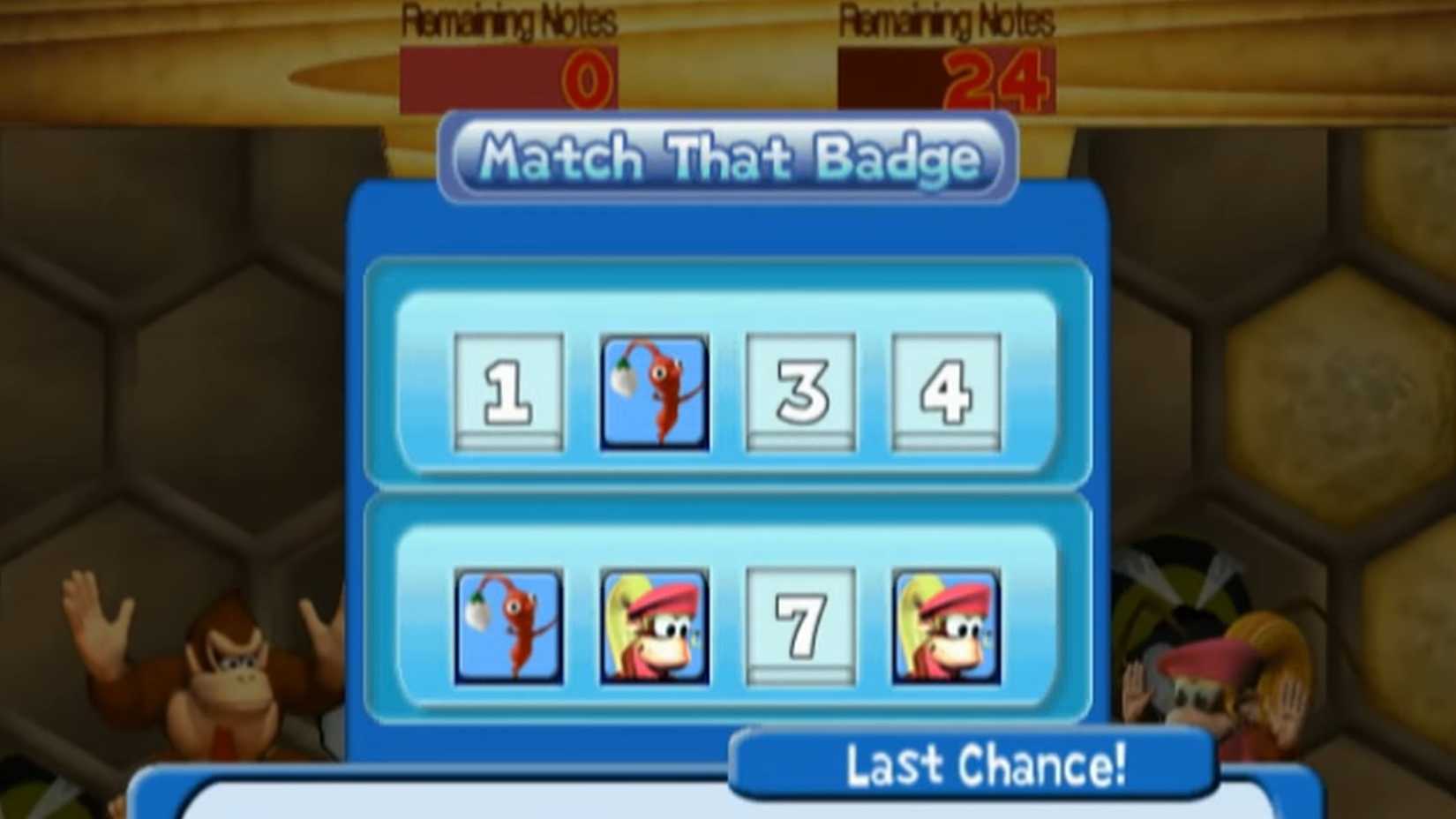 A screenshot of the Match That Badge minigame from Donkey Konga 2.