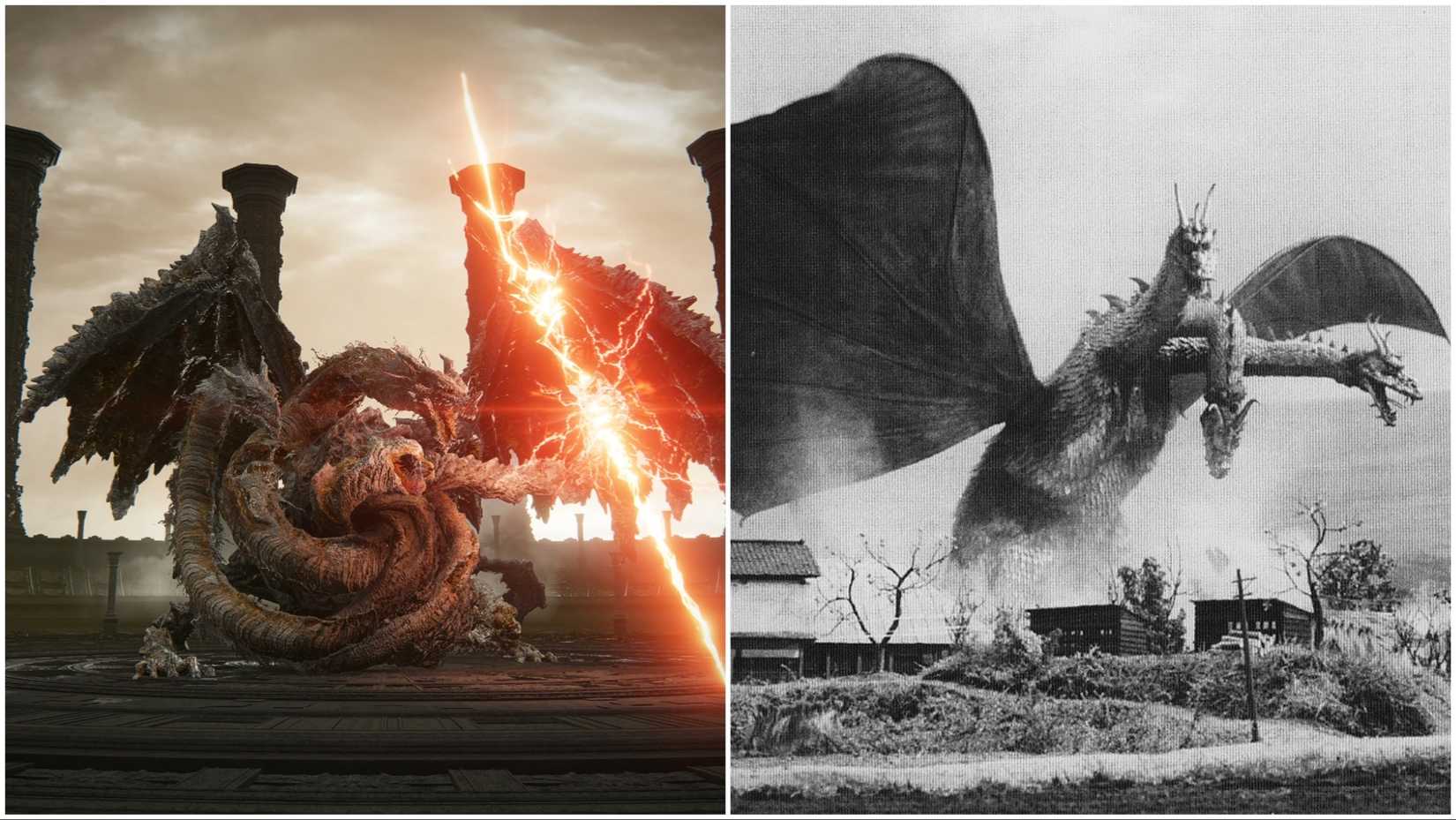 Dragonlord Placidusax from Elden Ring and Ghidorah from Ghidorah, the Three-Headed Monster