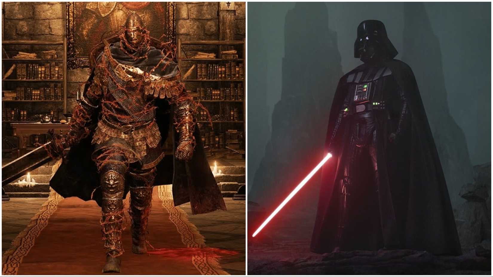 Elemer of the Briar from Elden Ring and Darth Vader from Star Wars