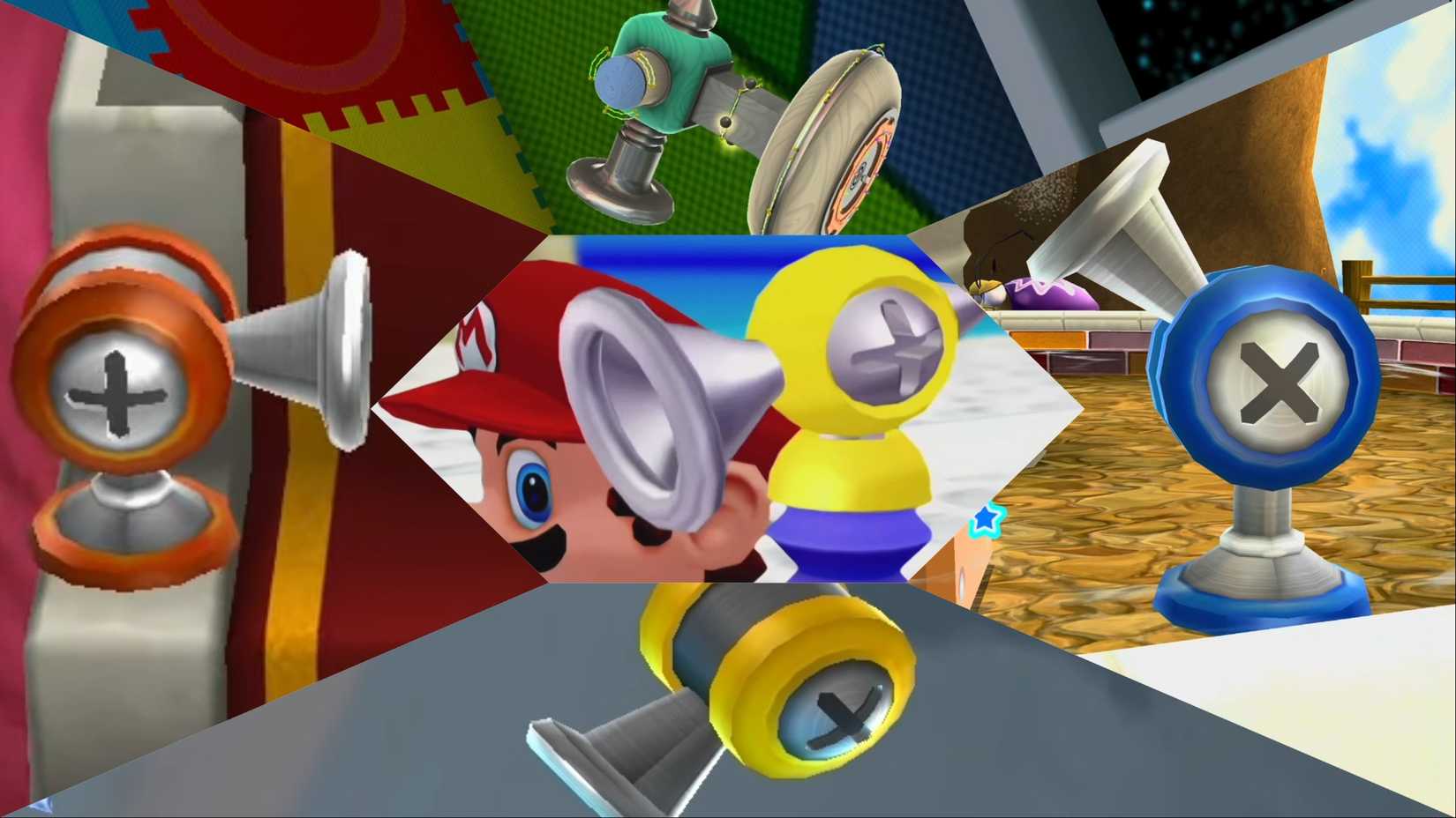 A collage of F.L.U.D.D. from Super Mario Sunshine, and F.L.U.D.D.-like elements in Super Mario Galaxy 1 and 2.