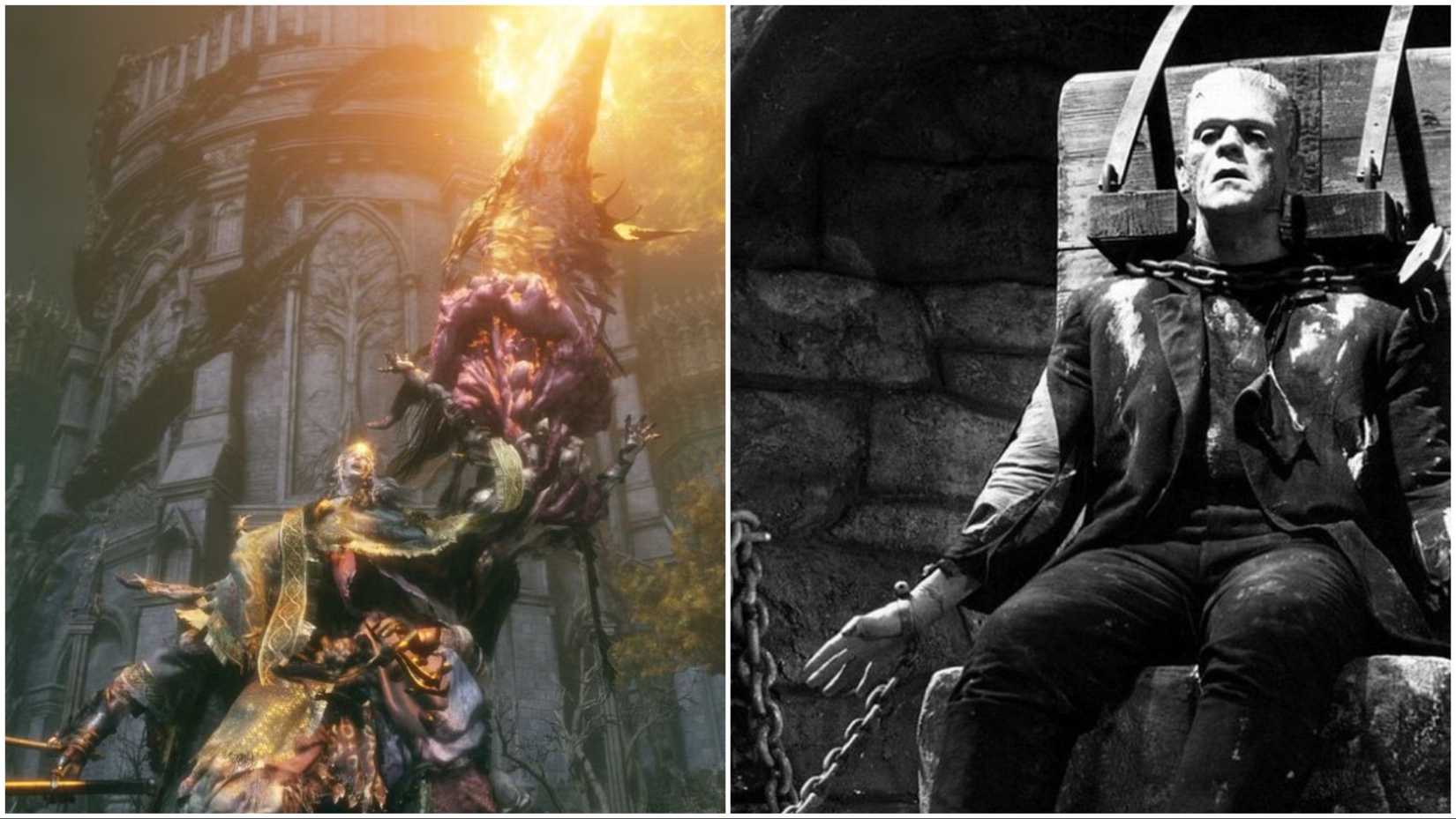 Godrick the Grafted from Elden Ring and Frankenstein's Monster from Frankenstein