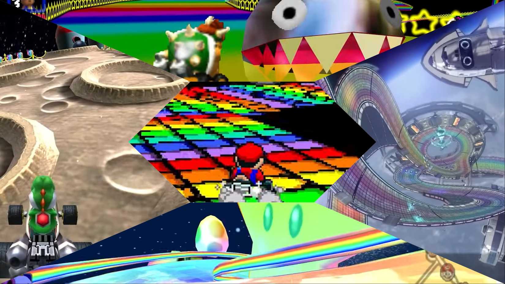 A collage of Rainbow Road appearances throughout tthe Mario Kart series.